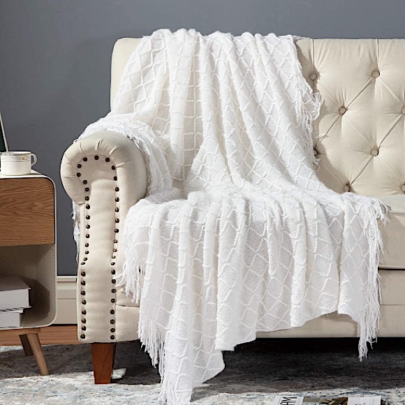 White Farmhouse Classic Chic Tassel Knit Throw Cozy Fringe Patterned Blanket - Picture 2 of 16